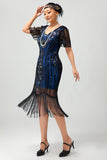 Nero blu paillettes frangia Scoop Neck 1920s abito con 5 pezzi accessori Set