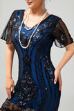 Nero blu paillettes frangia Scoop Neck 1920s abito con 5 pezzi accessori Set