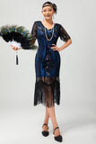 Nero blu paillettes frangia Scoop Neck 1920s abito con 5 pezzi accessori Set