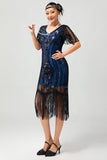 Nero blu paillettes frangia Scoop Neck 1920s abito con 5 pezzi accessori Set