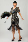 Sparkly Flapper nero dorato paillettes aderente frange abito anni 1920
