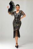 Sparkly Flapper nero dorato paillettes aderente frange abito anni 1920