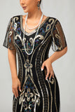 Sparkly Flapper nero dorato paillettes aderente frange abito anni 1920