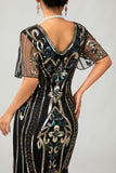 Sparkly Flapper nero dorato paillettes aderente frange abito anni 1920