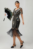 Sparkly Flapper nero dorato paillettes aderente frange abito anni 1920