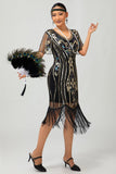 Sparkly Flapper nero dorato paillettes aderente frange abito anni 1920