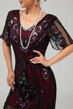 Flapper Borgogna paillettes aderente frangiato abito anni 1920