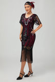 Flapper Borgogna paillettes aderente frangiato abito anni 1920