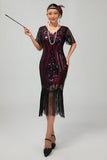 Flapper Borgogna paillettes aderente frangiato abito anni 1920