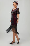 Flapper Borgogna paillettes aderente frangiato abito anni 1920