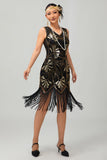 Verde dorato paillettes scollo a V Bodycon 1920s Flapper Dress con Tassles