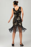 Verde dorato paillettes scollo a V Bodycon 1920s Flapper Dress con Tassles