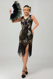 Rosso dorato paillettes 1920s V scollo a V Flapper Dress con tasles
