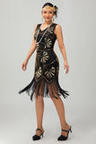 Rosso dorato paillettes 1920s V scollo a V Flapper Dress con tasles