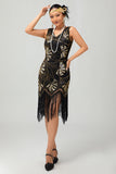 Rosso dorato paillettes 1920s V scollo a V Flapper Dress con tasles