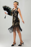 Rosso dorato paillettes 1920s V scollo a V Flapper Dress con tasles