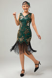 Verde dorato paillettes scollo a V Bodycon 1920s Flapper Dress con Tassles