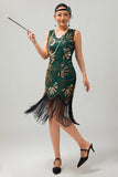 Verde dorato paillettes scollo a V Bodycon 1920s Flapper Dress con Tassles