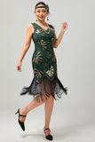 Verde dorato paillettes scollo a V Bodycon 1920s Flapper Dress con Tassles