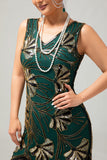 Verde dorato paillettes scollo a V Bodycon 1920s Flapper Dress con Tassles