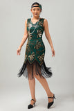 Verde dorato paillettes scollo a V Bodycon 1920s Flapper Dress con Tassles