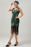 Verde dorato paillettes scollo a V Bodycon 1920s Flapper Dress con Tassles