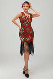Rosso dorato paillettes 1920s V scollo a V Flapper Dress con tasles