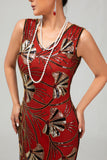 Abito con frange rosso paillettes dorato anni 1920 con set di accessori da 5 pezzi