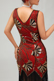 Rosso dorato paillettes 1920s V scollo a V Flapper Dress con tasles