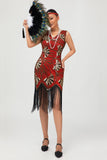 Rosso dorato paillettes 1920s V scollo a V Flapper Dress con tasles