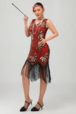 Rosso dorato paillettes 1920s V scollo a V Flapper Dress con tasles