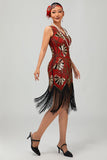 Rosso dorato paillettes 1920s V scollo a V Flapper Dress con tasles