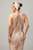 Champagne Halter paillettes buco della serratura con frange 1920s Dress