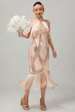 Champagne Halter paillettes buco della serratura con frange 1920s Dress