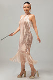 Champagne Halter paillettes buco della serratura con frange 1920s Dress