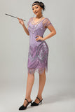 Abito corto anni 1920 con paillettes Gatsby argento nero con frange
