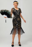 Gatsby nero rosso scoop frange Bodycon1920s abito con paillettes