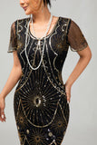 Gatsby nero rosso scoop frange Bodycon1920s abito con paillettes