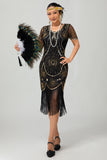 Beaded nero dorato frangiato Bodycon 1920s Dress