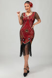 Gatsby nero rosso scoop frange Bodycon1920s abito con paillettes