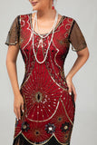 Gatsby nero rosso scoop frange Bodycon1920s abito con paillettes