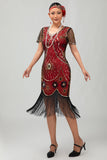 paillettes con frange scollo rotondo nero rosso 1920s abito con 5 pezzi set di accessori