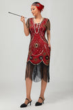 Gatsby nero rosso scoop frange Bodycon1920s abito con paillettes