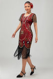 Gatsby nero rosso scoop frange Bodycon1920s abito con paillettes