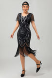 Gatsby nero rosso scoop frange Bodycon1920s abito con paillettes