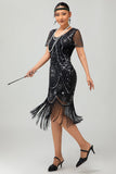 Gatsby nero rosso scoop frange Bodycon1920s abito con paillettes