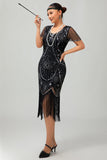 Gatsby nero rosso scoop frange Bodycon1920s abito con paillettes