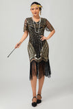 Nero dorato paillettes Aderente 1920s Flapper Dress con Tassles