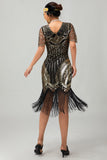Nero dorato paillettes Aderente 1920s Flapper Dress con Tassles