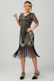Nero dorato paillettes Aderente 1920s Flapper Dress con Tassles